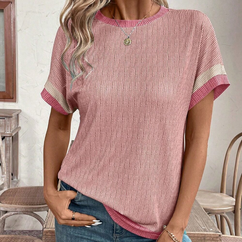 Pink Casual Women's Crew Neck Short Sleeve Striped Loose T-Shirt - Picture 5 of 7